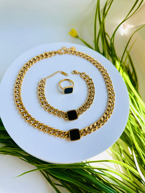CHUNKY CHAIN WITH BLACK PENDANT SET (Bracelet & Ring)
